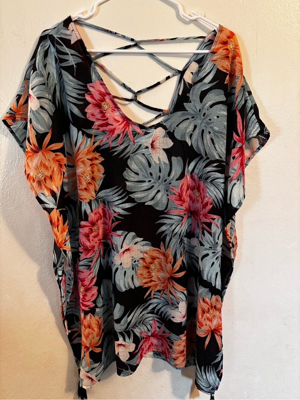 Kona Sol Black Cover-Up with Aqua, Pink and Orange Tropical Print